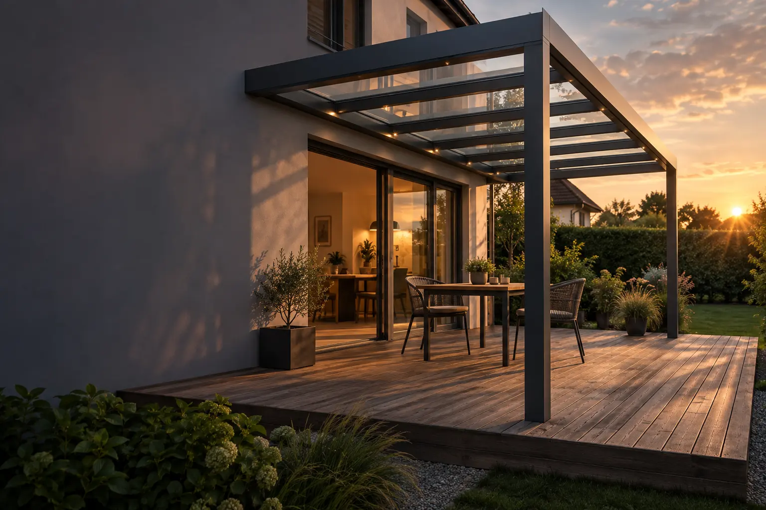 Terrassenüberdachung aus anthrazitfarbenem Aluminium mit Glasdach über einer Holzterrasse, dahinter geht die Sonne unter