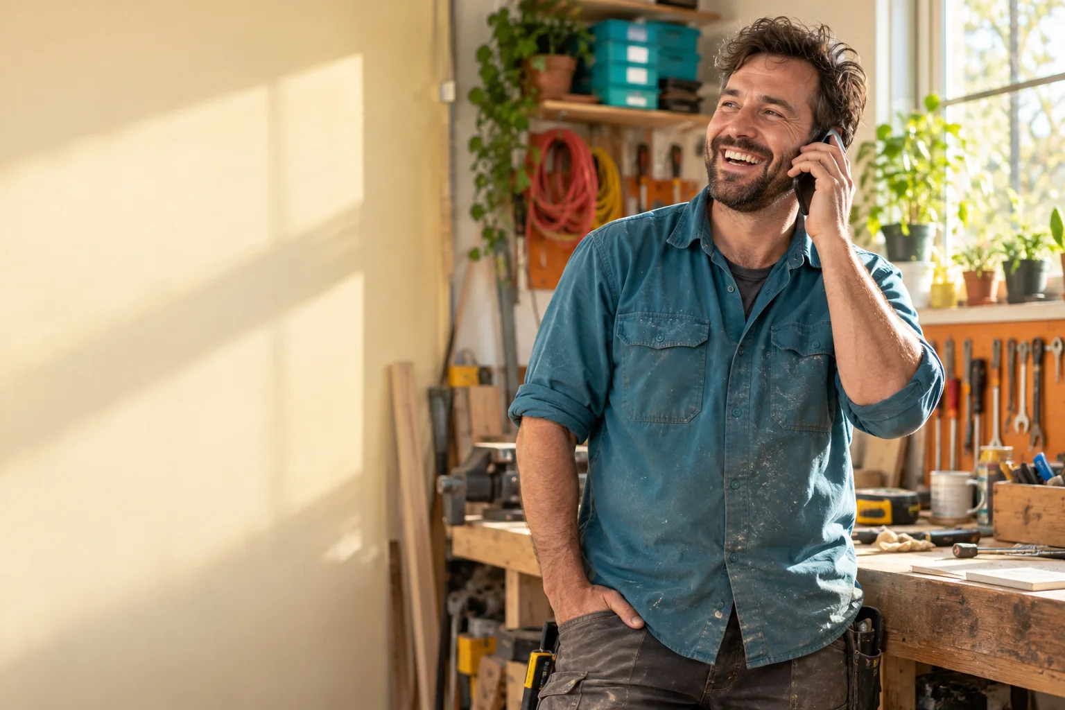 Handwerker im blauen Arbeitshemd telefoniert lachend in seiner Werkstatt, hinter ihm eine Wand mit Schraubenschlüsseln und Kabeltrommeln
