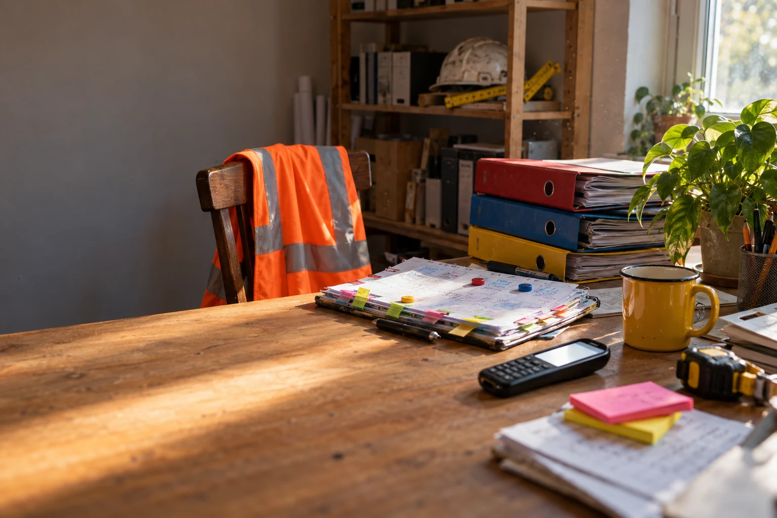 Werkstattbüro ohne den Chef: ein leerer Stuhl mit orangefarbener Warnweste, ein aufgeschlagener Terminplaner voller Haftnotizen, Stapel roter, blauer und gelber Ordner, Mobiltelefon und Maßband auf einem Holztisch im Morgenlicht