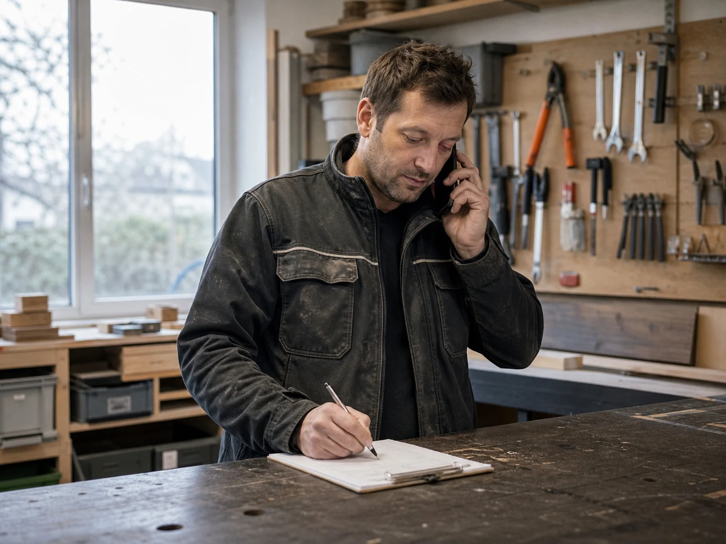 Handwerker telefoniert in seiner Werkstatt und notiert dabei auf einem Klemmbrett, hinter ihm eine Werkzeugwand