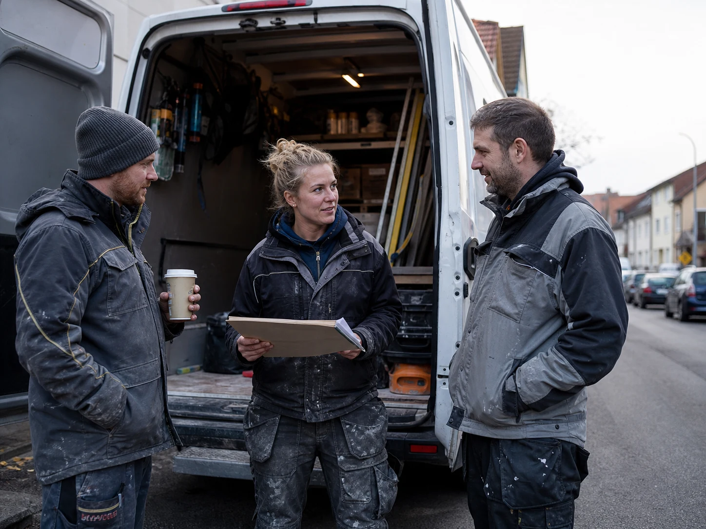 Drei Handwerker besprechen sich am offenen Heck eines Transporters, eine von ihnen hält ein Tablet