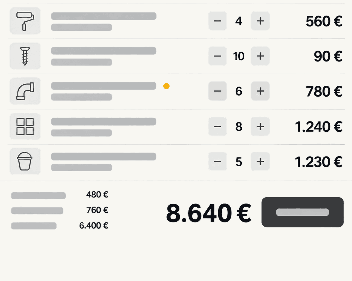 Oberfläche eines Angebotsrechners mit Positionszeilen, Mengenfeldern, Einzelpreisen und einer Gesamtsumme von 8.640 Euro