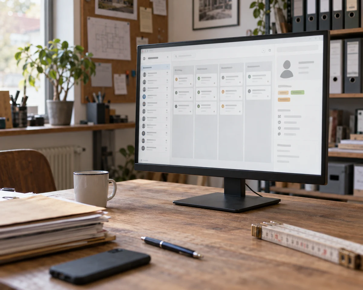 Bildschirm auf einem Schreibtisch im Betriebsbüro zeigt eine CRM-Oberfläche mit Vorgangskarten in Spalten