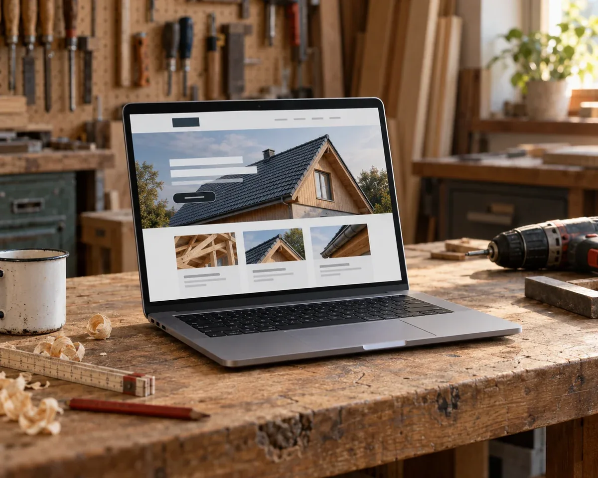 Laptop auf einer Werkbank in der Tischlerei zeigt eine Handwerker-Website mit Dachfoto und Leistungskarten