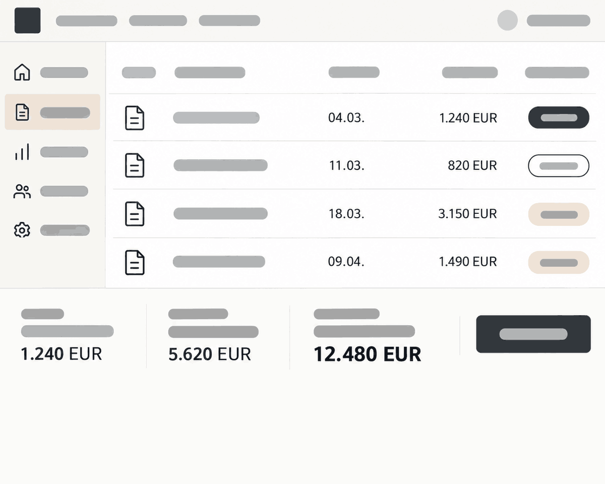 Rechnungsübersicht mit Datum, Betrag und Status je Zeile, darunter eine Summenleiste mit 12.480 Euro