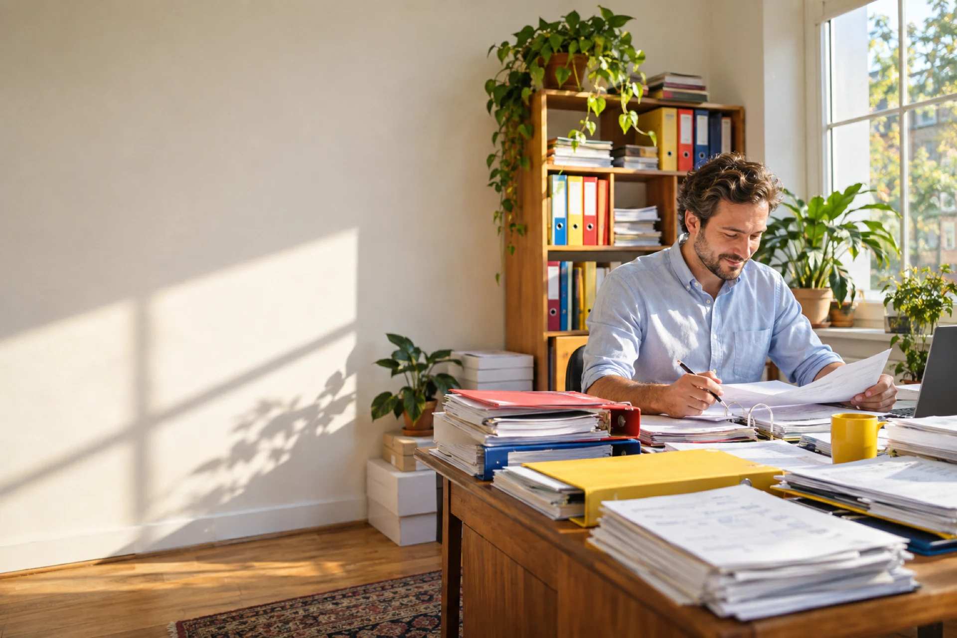 Mann am Schreibtisch liest ein Blatt Papier, davor türmen sich Ordner und Papierstapel in einem sonnendurchfluteten Büro